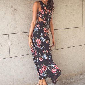 Zara Floral Open Back Cutout Maxi Dress Black Pink Blue Blogger Formal Small